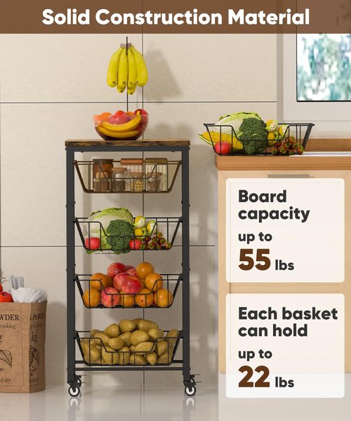 Tigerden Fruit Vegetable Storage Cart for Kitchen, 5-Tier Vegetable Stand Rack with Pull-Out Fruit Baskets, Rolling Snack Cart with Wood Top & Banana Holder for Pantry, Living Room, Bathroom, Black