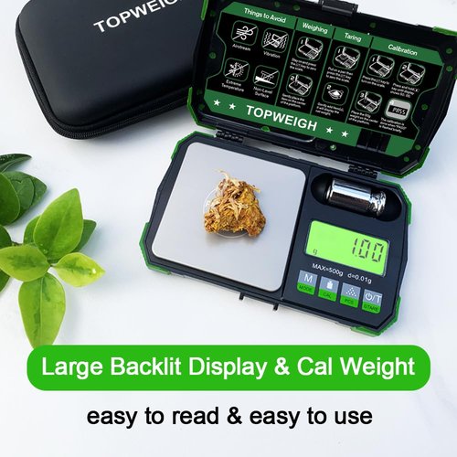 TOPWEIGH Pocket Scale, Dual Powered, Precision Gram Jewelry Scale with Zipper Case, Digital Small Coin Scale, Large Backlight Display, 500g x 0.01g, 6 Weighing Units,Cal Weight, USB Cable Included