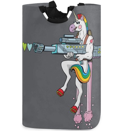 visesunny Large Capacity Laundry Hamper Basket Funny Unicorn Soldier Shooting Hearts With Love Gun Cartoon Water-Resistant Oxford Cloth Storage Baskets for Bedroom, Bathroom, Dorm, Kids Room