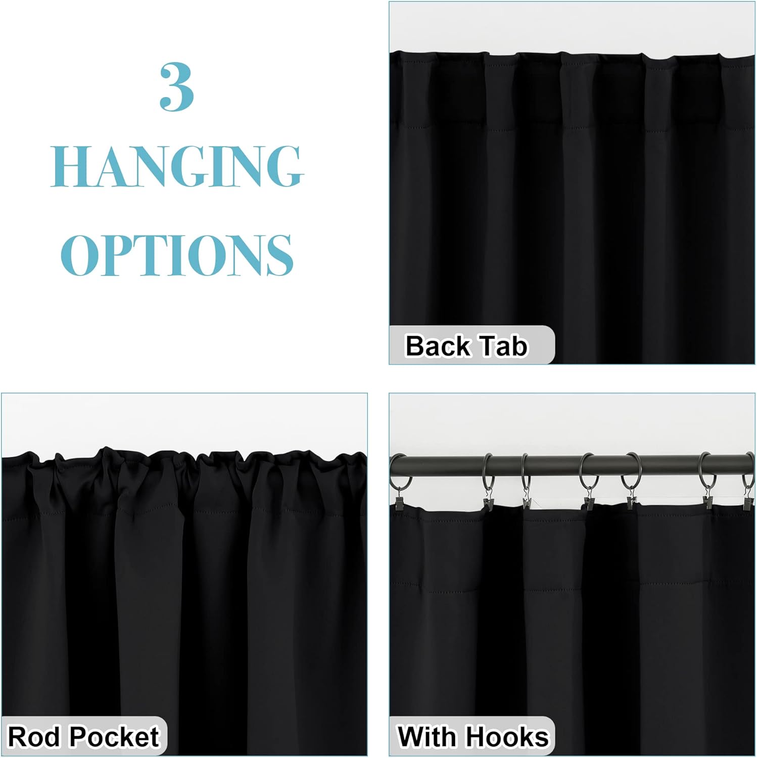 RYB HOME Blackout Curtains - Energy Saving Thermal Insulated Drapes for Small Windows | 42" Wide x 45" Long, Black, 2 Panels