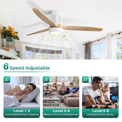Sofucor 52 Inch Ceiling Fans with Lights and Remote Control, Modern Low Profile Flush Mount Wood Ceiling Fan, LED Dimmable, 6 Speeds Quiet DC Motor, Indoor/Outdoor Ceiling Fan for Bedroom Living Room