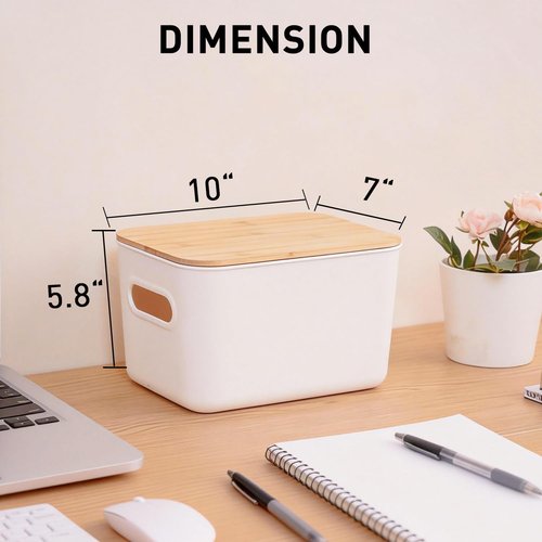 Citylife Storage Bins - Stackable 7QT Plastic Organizer Boxes with Bamboo Lids | 4-Pack, 10" L x 7" W x 5.8" H