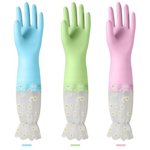 KAQ Dishwashing Cleaning Gloves 3 Pairs-Reusable Cotton Liner Rubber Gloves Long cuff 19.5" Non-Slip Kitchen Gardening Gloves