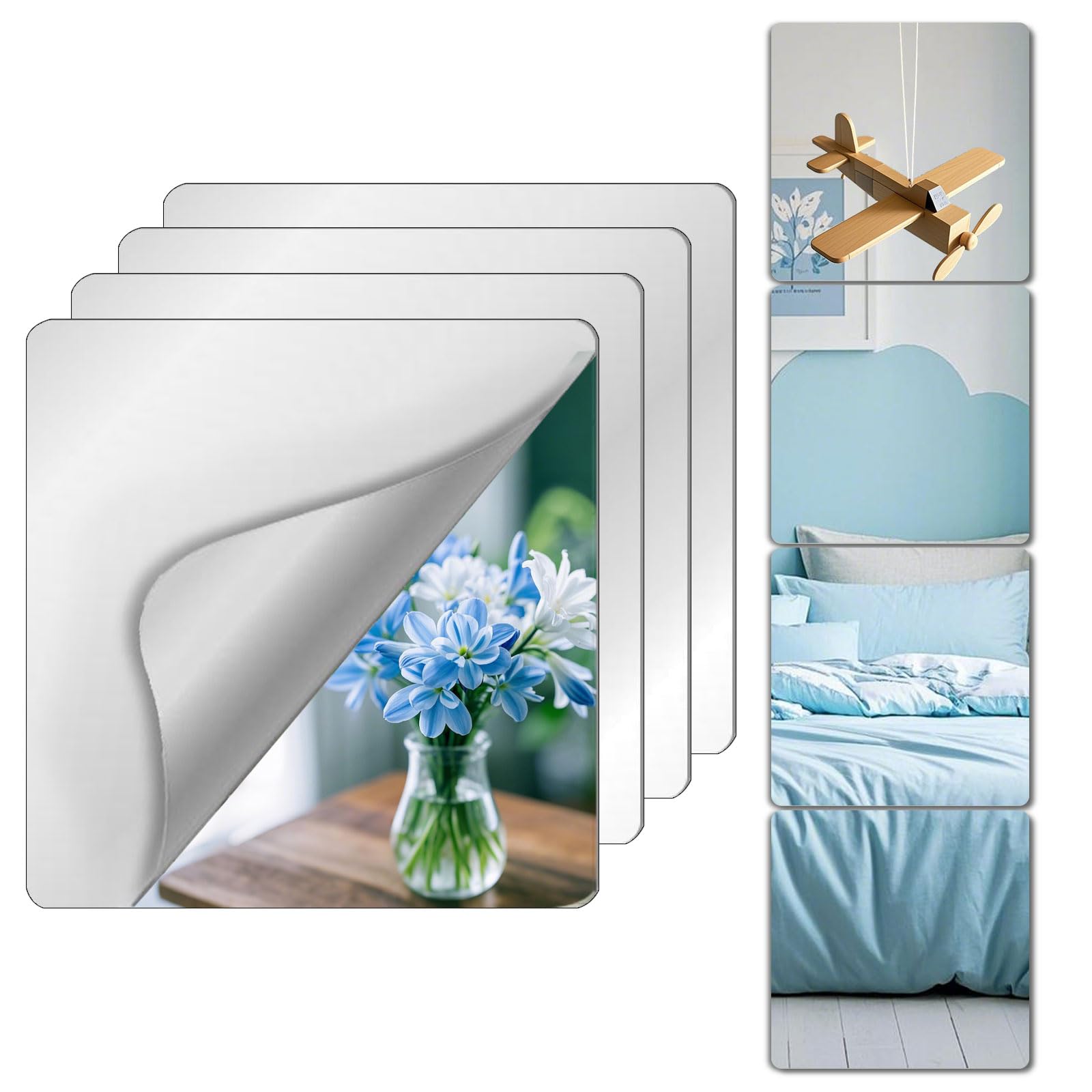 Unbreakable Mirror Tiles, 4PCS 10”x10” Peel And Stick on Mirror for Wall Mirrors Decorative, Toddlers for Kids Bedroom, Plastic Gym Frameless Door Small Adhesive Mirrors for Classroom Decor Stickers