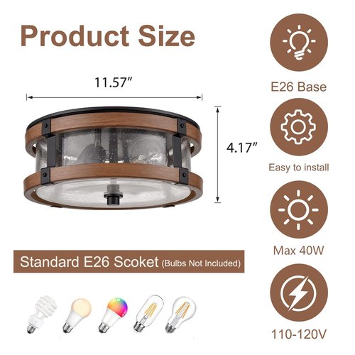DEYNITE Farmhouse Ceiling Light Fixture 2-Light Hallway Ceiling Light in Black & Rustic Wood Grain Finish with Clear Seeded Glass Shade
