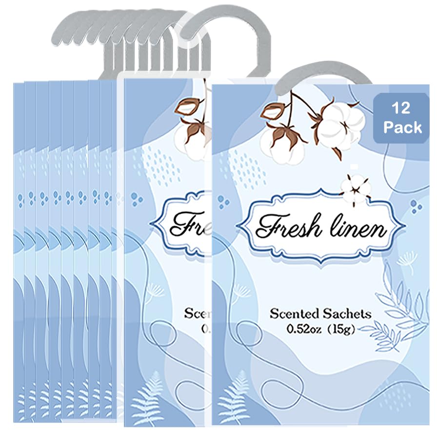 Wifadtoop 12 Packs Fresh Linen Hanging Scented Sachets for Drawers and Closets with Retractable Hook| Long-Lasting Closet Air Freshener & Closet Deodorizer | Closet Scent Freshener (Fresh Linen)
