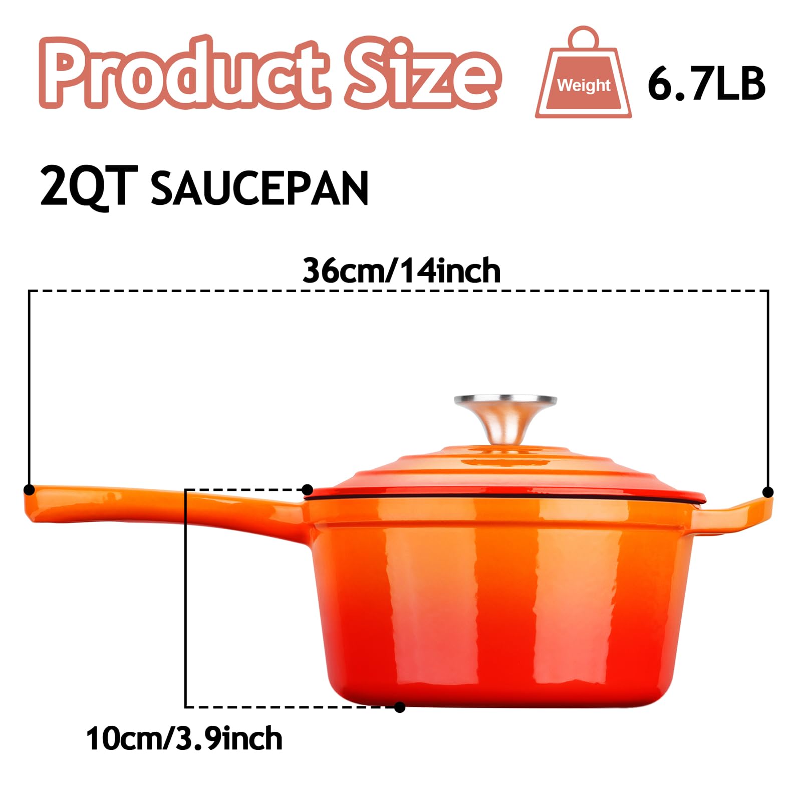TeamFar 2QT Enameled Cast Iron Sauce Pan, Small Sauce Pot Saucepan with Lid, Mini Dutch Oven for Cooking/Baking/Simmering/Boiling, Sturdy & Nonstick, Oven Safe & Fit for Induction- Orange
