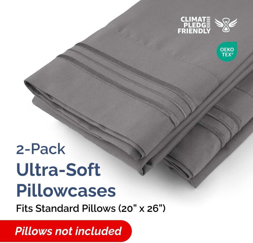 Standard Pillow Cases Set of 2 | Ultra-Soft Hotel Quality Covers - Comfy, Wrinkle-Free & Fade Resistant - Dark Grey
