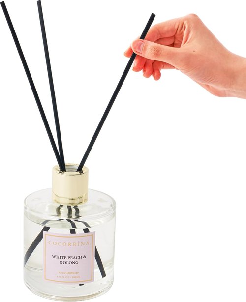 Cocorrína Flower Reed Diffuser - White Peach & Oolong 6.7oz Scented Home Fragrance with Sticks | Elegant Bathroom Decor