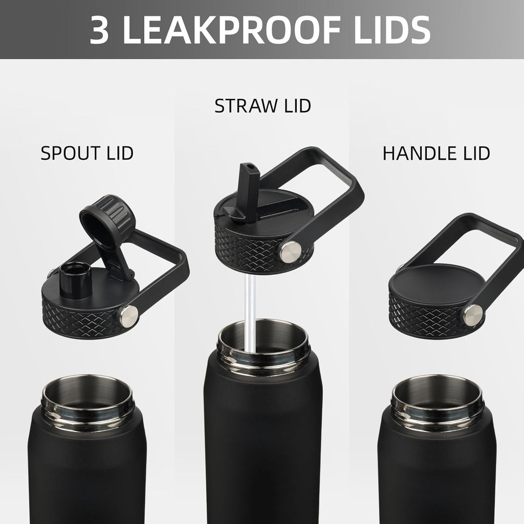 Skiennix 25oz Insulated Stainless Steel Water Bottle - Leakproof BPA-Free with 3 Lids for Gym & Travel | Black