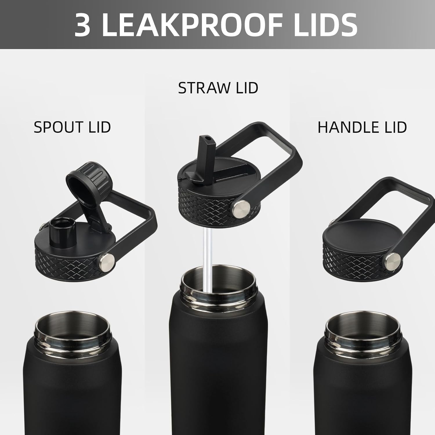 Skiennix 25oz Insulated Stainless Steel Water Bottle - Leakproof BPA-Free with 3 Lids for Gym & Travel | Black