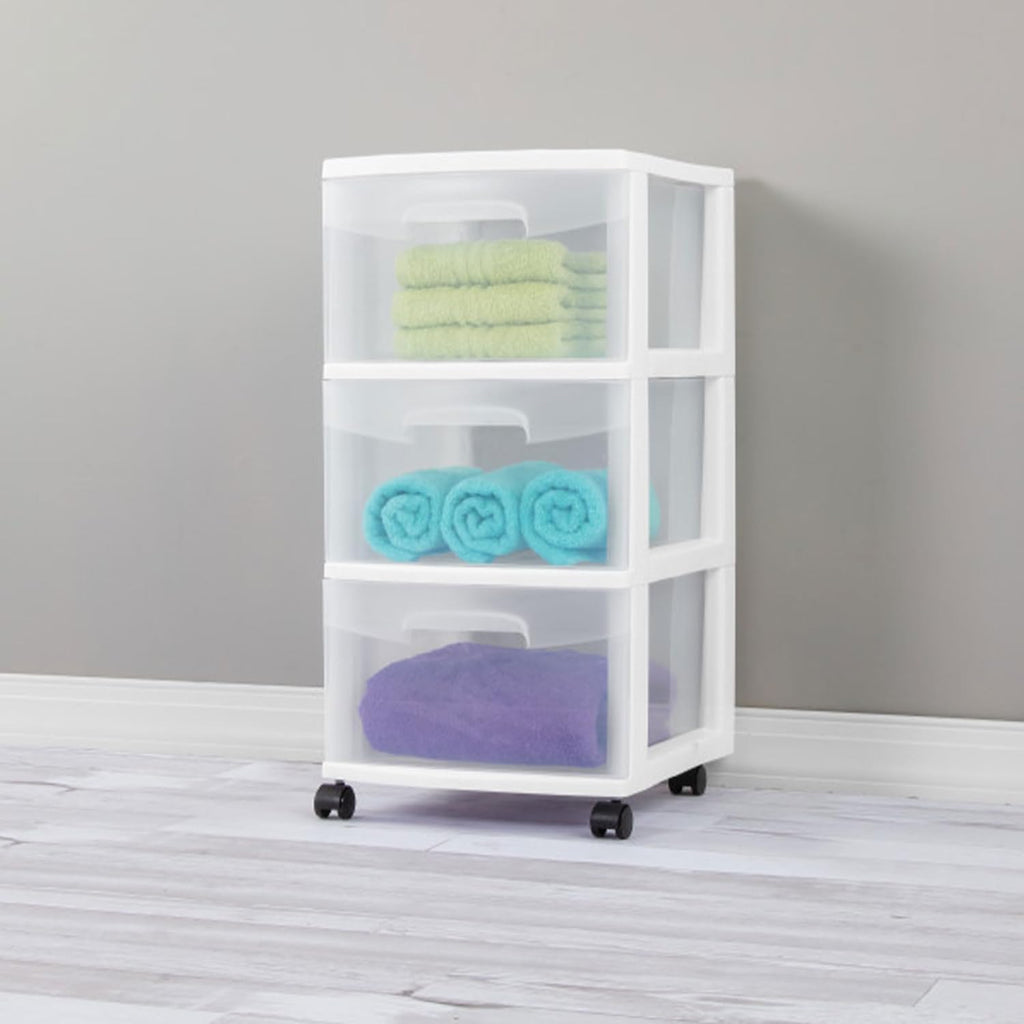 Sterilite 3-Drawer Rolling Storage Organizer - Versatile Plastic Bin Cart for Closet - White, 6 Pack