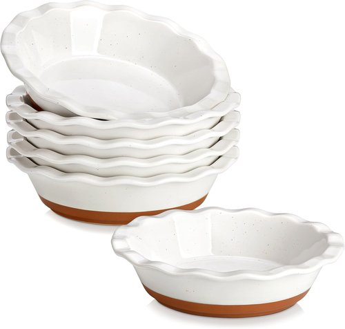 MALACASA Ceramic Mini Pie Pans - Set of 6 Ruffled Edge 6-Inch Baking Dishes | Microwave & Oven Safe, Khaki White
