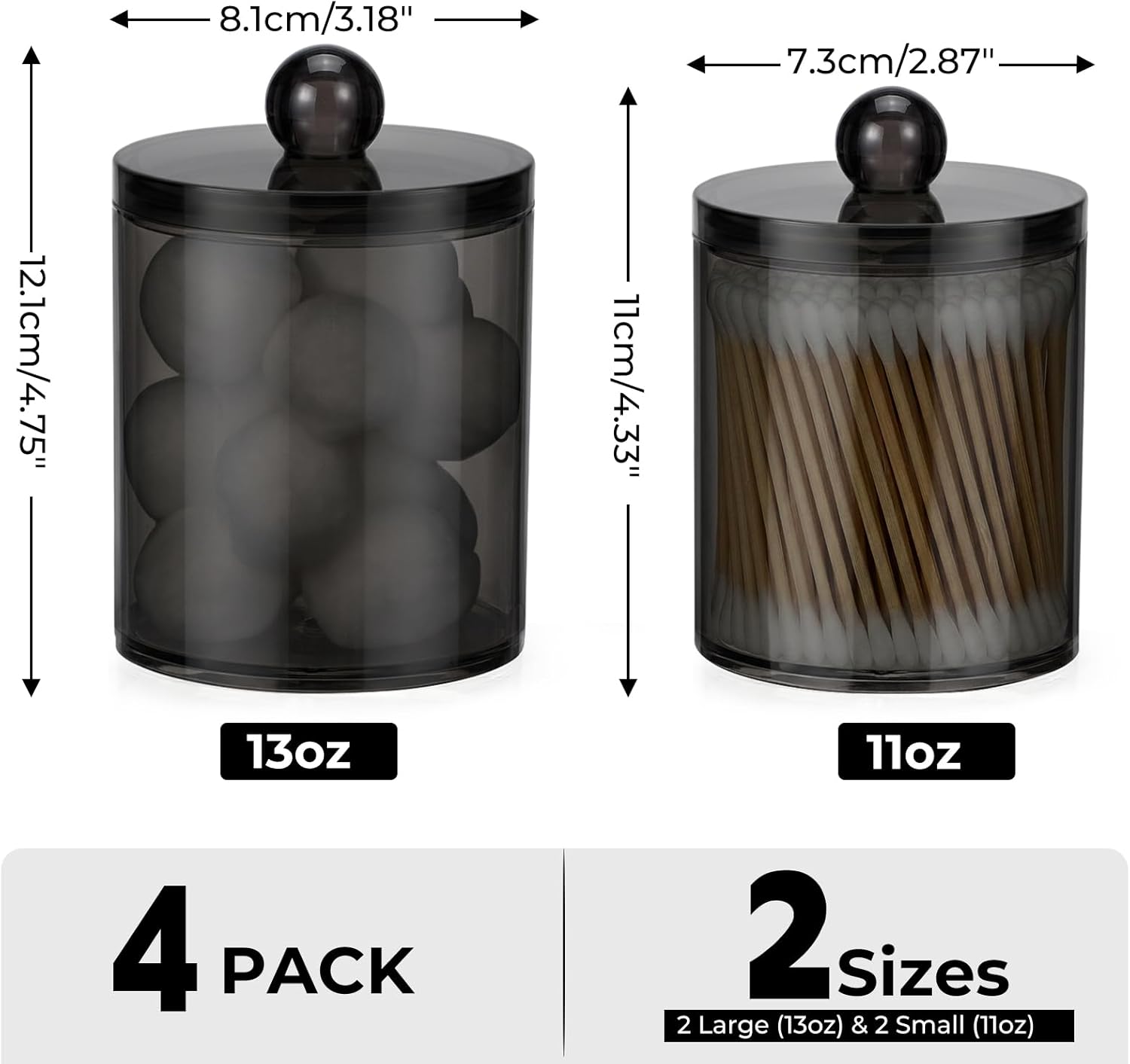 Skiennix Acrylic Qtip Holder Dispenser - 4 Pack Clear Canister Set for Cotton Swabs & Makeup Storage | Bathroom Essentials