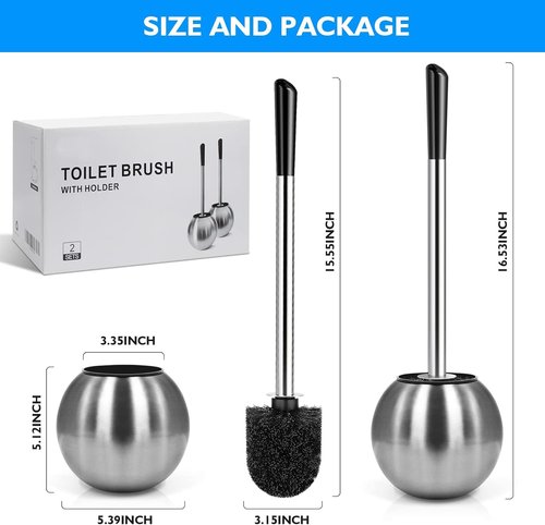 Toilet Brush and Holder 2 Pack, 304 Stainless Steel Toilet Brush with Extended and Durable Comfortable Brush Handle, Toilet Bowl Brush for Bathroom Toilet - Ergonomic, Pratical Durable