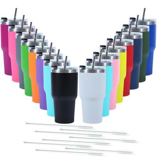 GCVV 16 Pack 30oz Insulated Tumbler with Lids and Straw, Stainless Steel Travel Coffee Tumbler,Powder Coated Travel Mug (Mixed color)