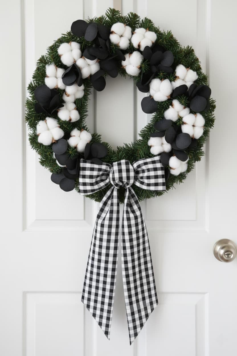 Regine Switzerland Black And White Plaid Wreath - Elegant Front Door Decoration For Halloween & Weddings