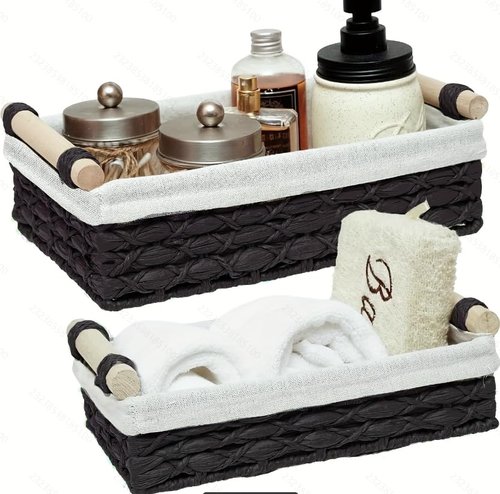 Baskets for Organizing, Set of 2 Black Paper Rope Bathroom Countertop Baskets with Liner, Woven Basket Organizer with Wooden Handles for Vanity, Counter, Shelf Storage