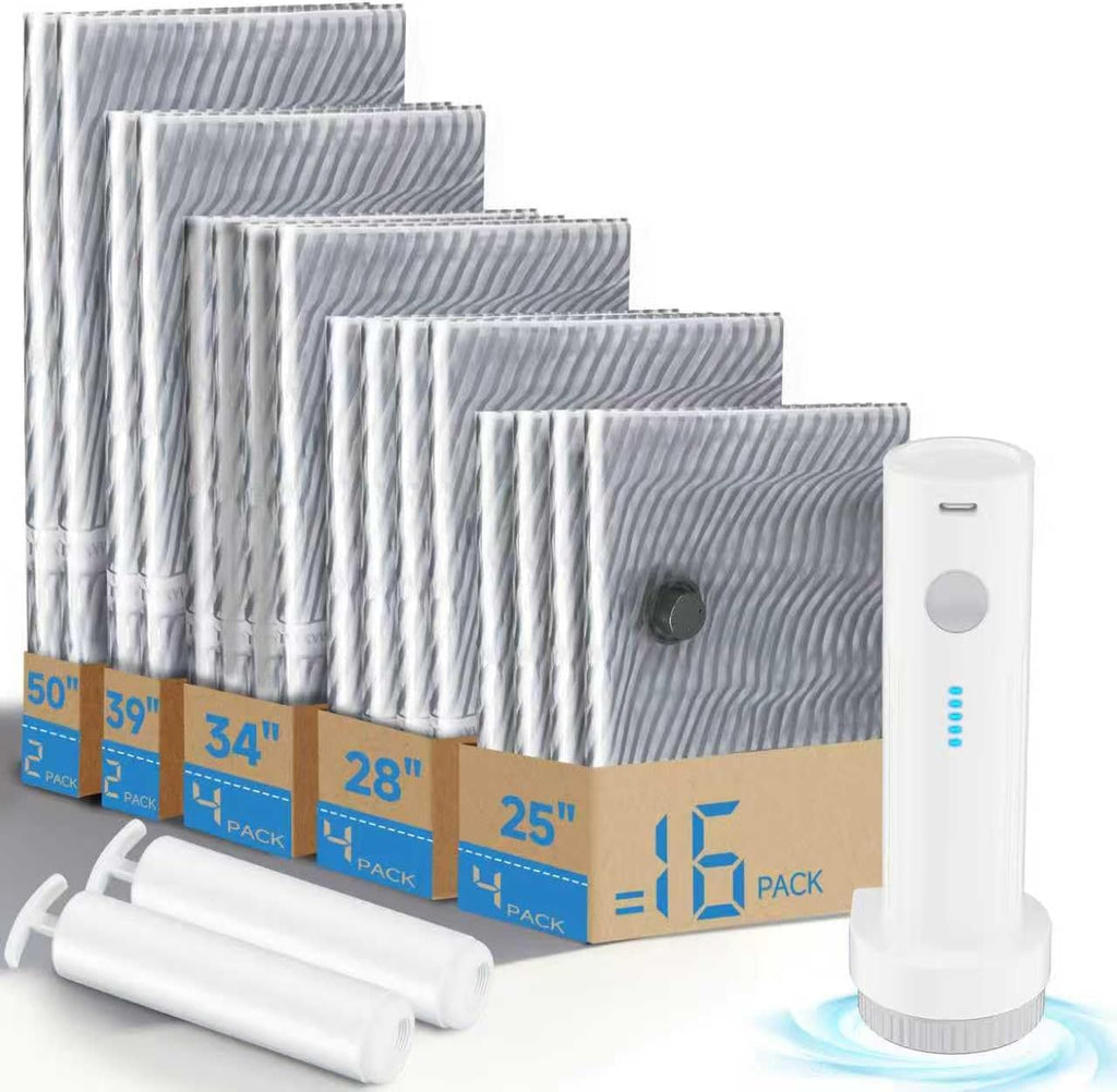 Skiennix Vacuum Seal Bags - 16 PCS Compression Storage Solution with Electric Air Pump for Travel & Bedding