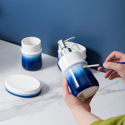 Ceramic 12Oz Soap Dispenser for Kitchen, Refillable Hand Dispenser with Pump, Lotion Dispenser Bathroom for Dish Soap, Hand soap. (Navy Blue)