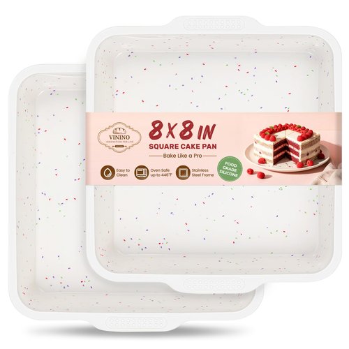 Vinino 8 x 8 Inch Silicone Square Brownie Cake Pan with Metal Reinforced Frame Set of 2, Nonstick Silicone Brownie Pans BPA Free Suitable for Making Cakes, Brownies, Bread