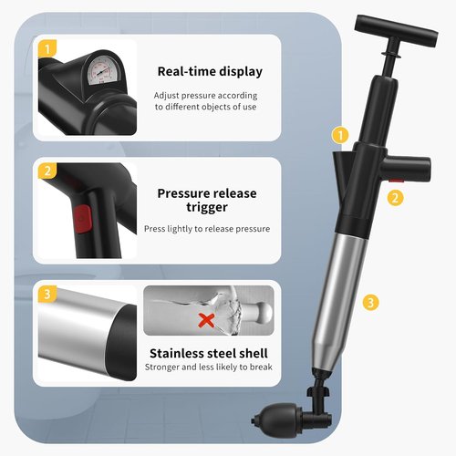 VEUIEIZT Toilet Plunger, High-Pressure Toilet Snake, Clog Remover, Heavy-Duty Air Drain Unclogger with Visual Barometer, Powerful Drain Auger, Plungers for Bathroom