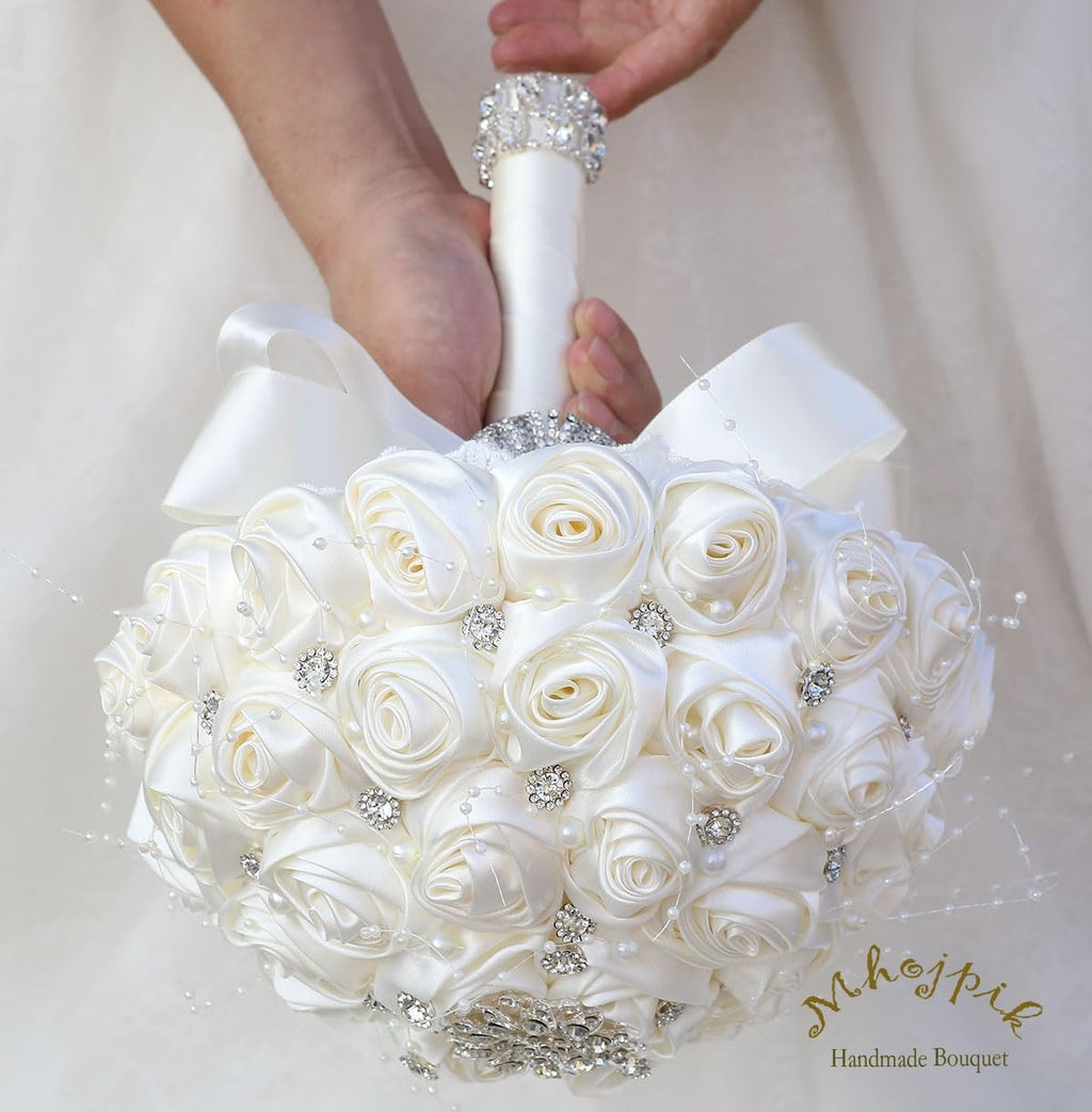 Mhojpik Bridal Wedding Bouquet Round Bling Brooch Holding Bouquet Artificial Rose Flower Bunch for Bride Bridesmaid Wedding Quinceanera(Ivory, 9.8")