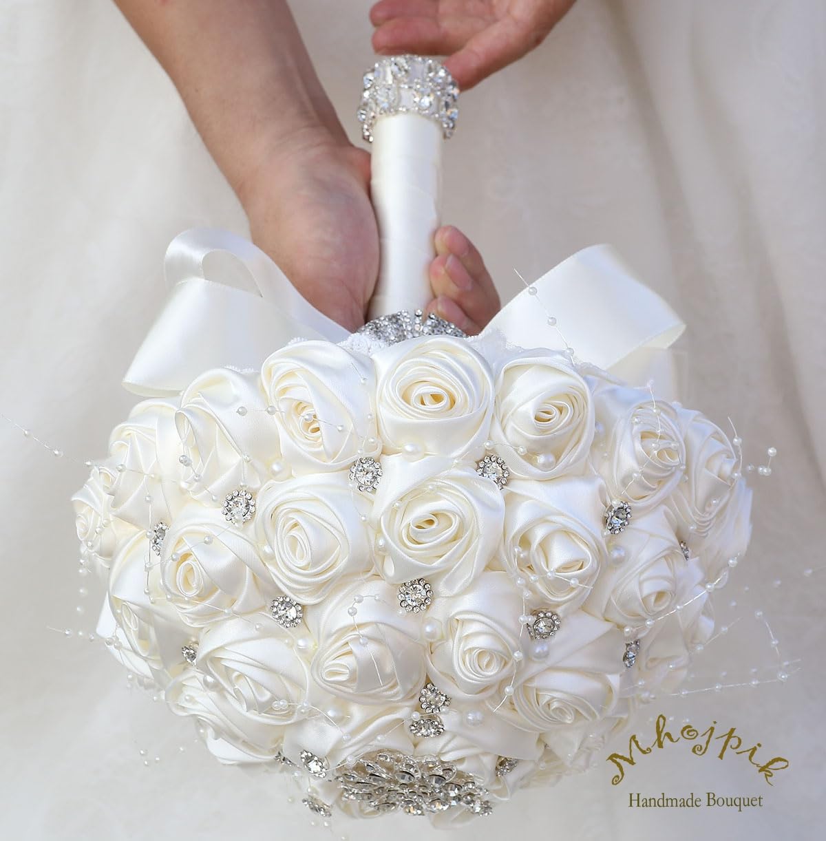 Mhojpik Bridal Wedding Bouquet Round Bling Brooch Holding Bouquet Artificial Rose Flower Bunch for Bride Bridesmaid Wedding Quinceanera(Ivory, 9.8")