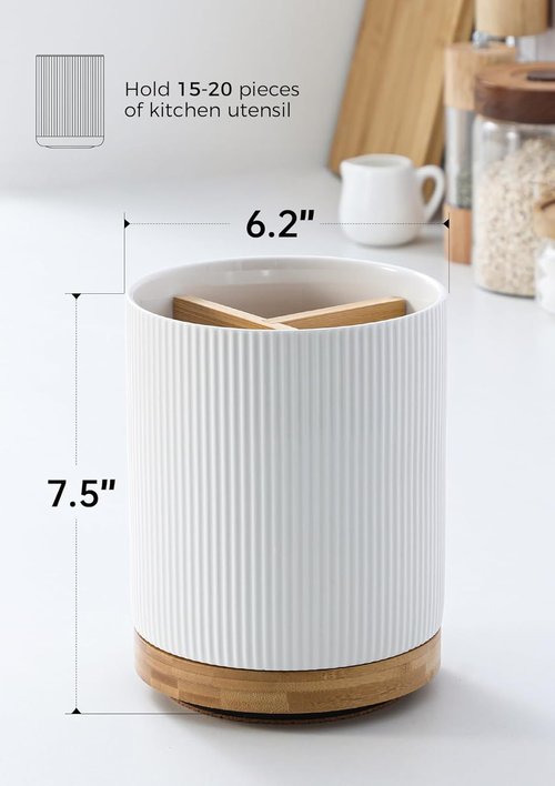 LoeJan Ceramic Utensil Holder - 3 Compartment Design with Cork Bottom | Large White Vertical Stripe Crock for Kitchen Counter