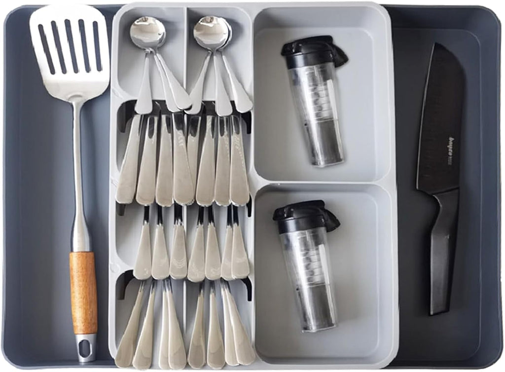 Skiennix Expandable Cutlery Drawer Organizer - Adjustable Plastic Utensil Tray for Forks, Spoons & Knives - Large Grey