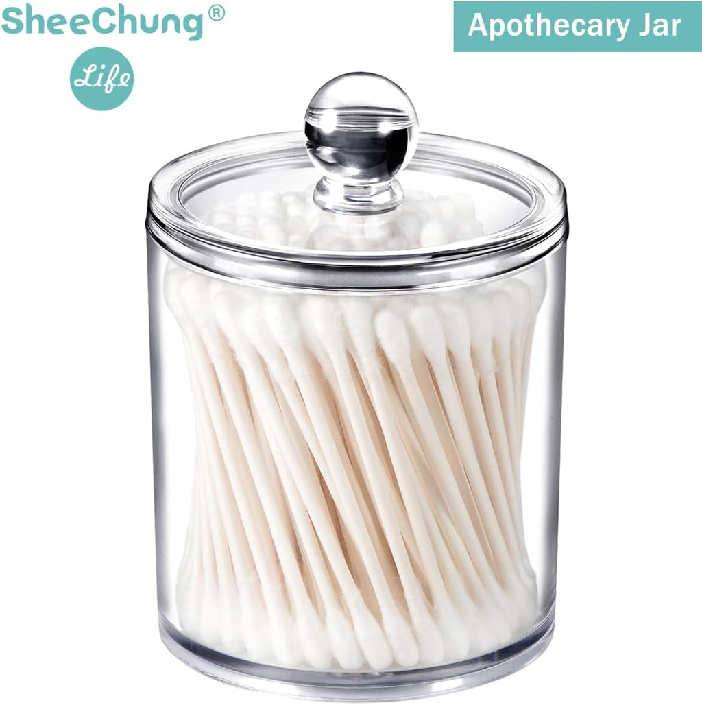 SheeChung Clear Acrylic Qtip Holder - Shatterproof Bathroom Organizer Jars | Minimalist Cotton Swab Canisters
