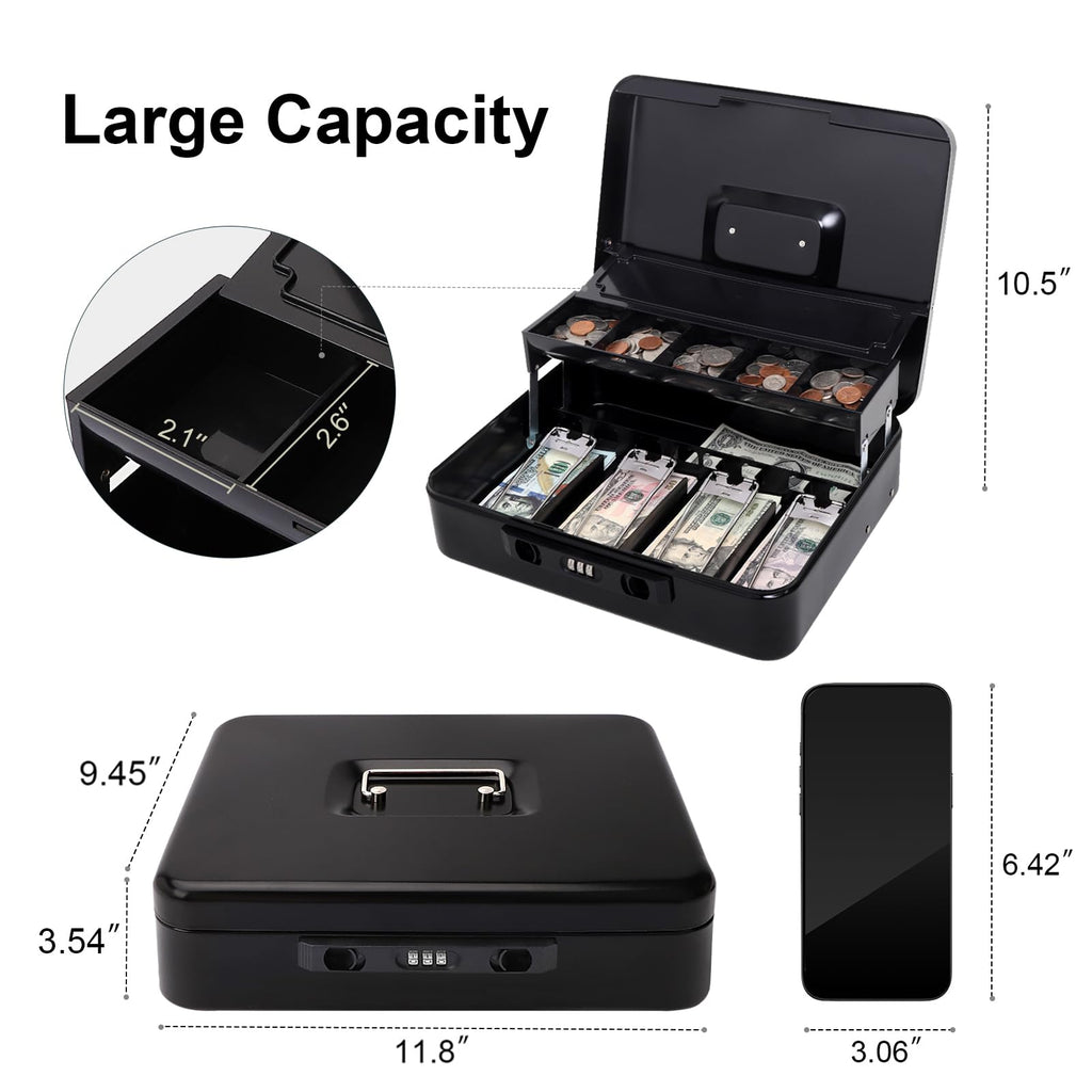 Jssmst Cash Box with Sliding Coin Lid and Snap Latch Combination Lock - Portable Cash Box with Money Tray and Lock, Secure Locking Money Box for Cash Organizer, 11.8L x 9.5W x 3.5H Inches, Black