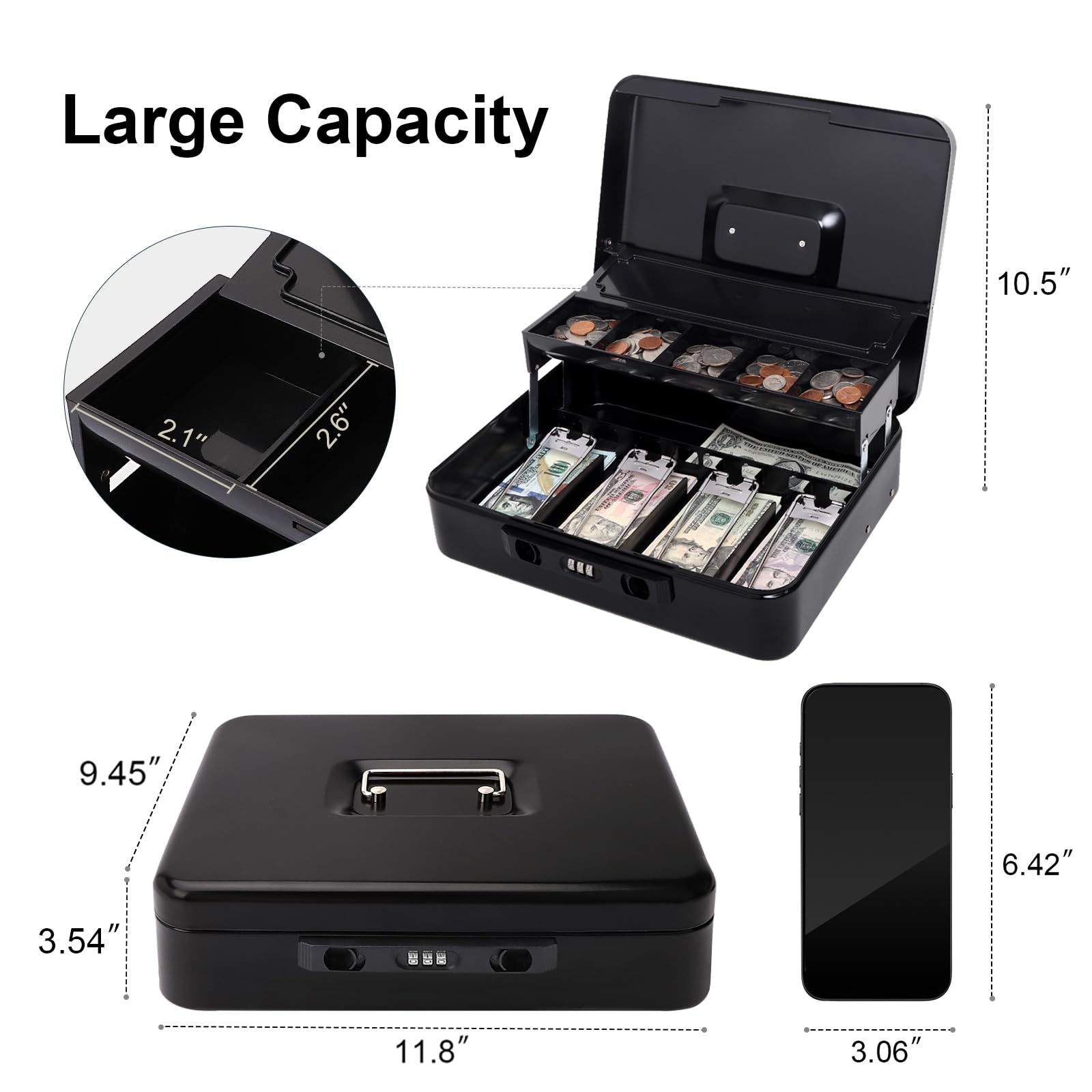 Jssmst Cash Box with Sliding Coin Lid and Snap Latch Combination Lock - Portable Cash Box with Money Tray and Lock, Secure Locking Money Box for Cash Organizer, 11.8L x 9.5W x 3.5H Inches, Black
