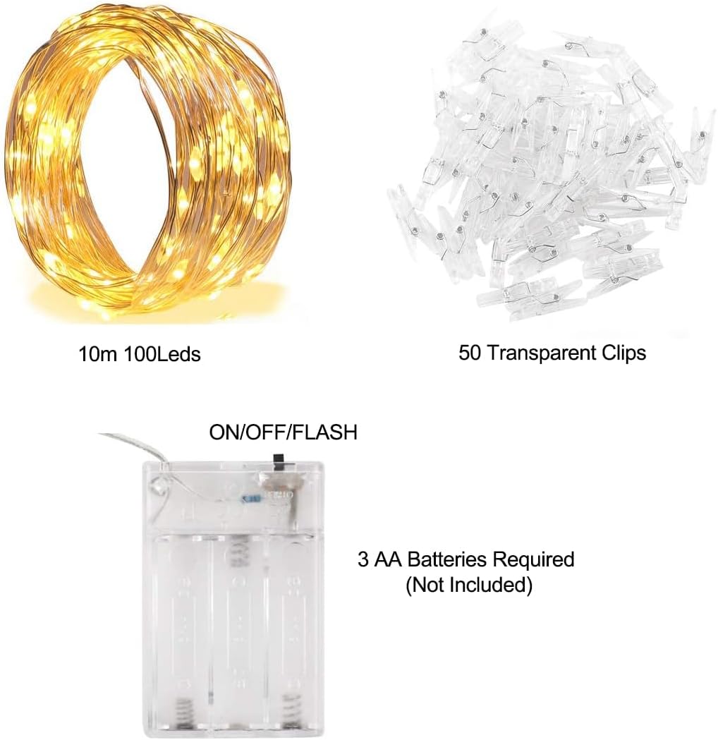 Photo Clip String Light - 32.8Ft 100 LED Fairy Lights with 50 Clear Clips for Dorm & Wedding Décor