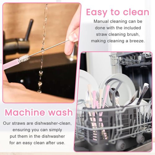 6 Pcs Anti Wrinkle Straw, Flat Wide Drinking Straw Compatible with Stanley 40 oz & 30 oz, Reusable Flexible Wrinkle Long Drinking Straws with Cleaner Brush, Perfect for Lip Filler