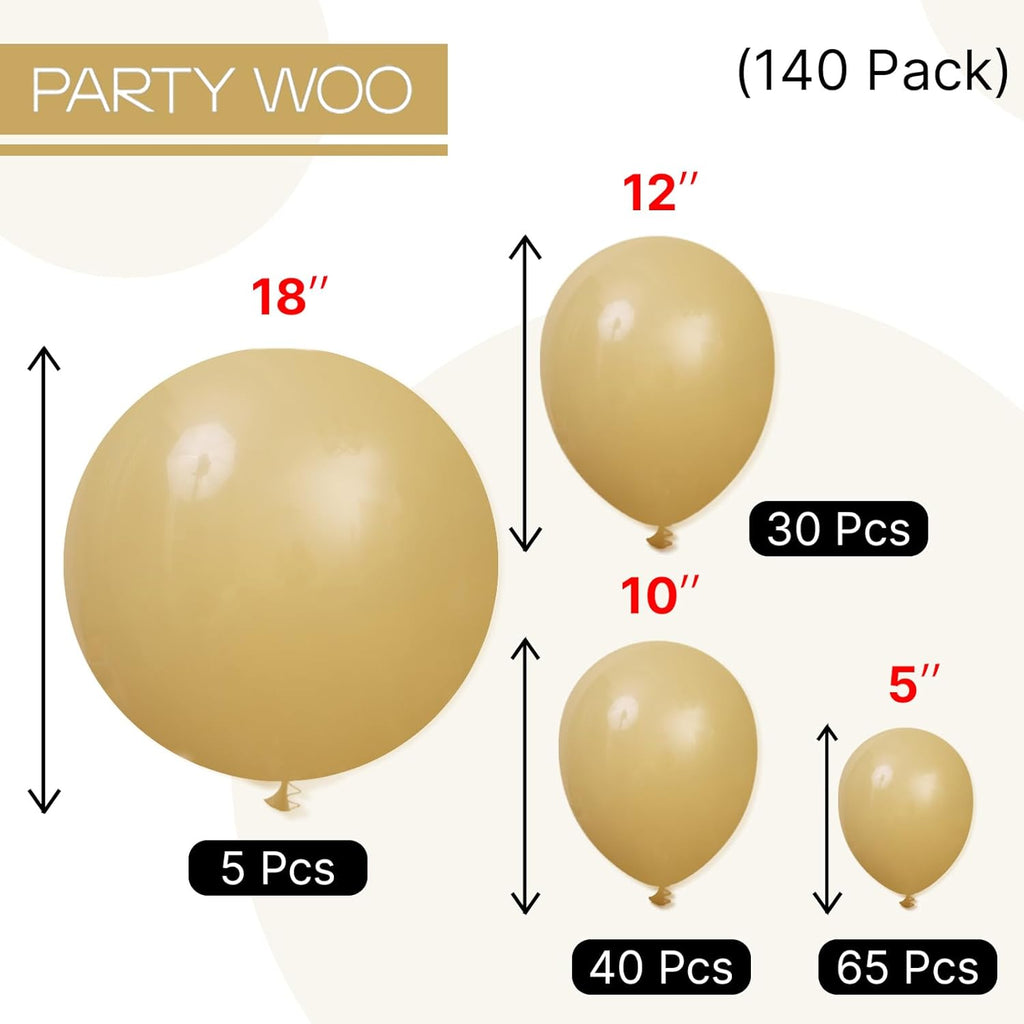PartyWoo Tan Balloons - 140-Piece Light Brown Neutral Boho Balloon Arch Kit | Wedding & Baby Shower Decor