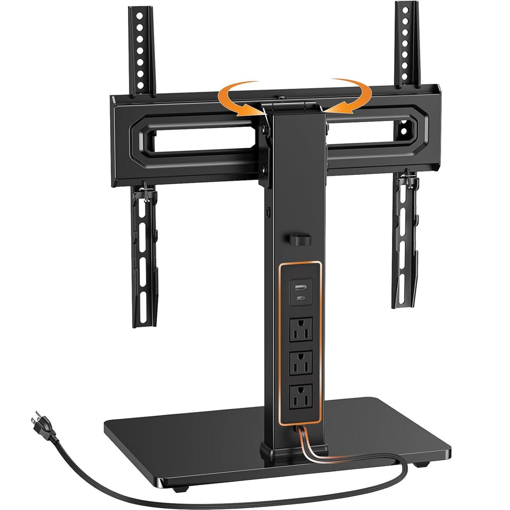 Perlegear Universal Swivel TV Stand with Power Outlet, Tabletop TV Stand for 34–65 Inch TVs up to 88 lbs, Tempered Glass TV Mount Stand Base with Height Adjustment, Tilt, Max VESA 400x400mm,PGTVS27