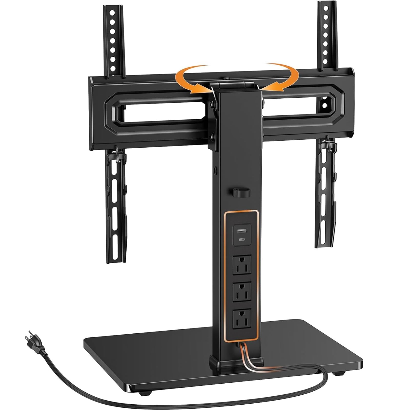 Perlegear Universal Swivel TV Stand with Power Outlet, Tabletop TV Stand for 34–65 Inch TVs up to 88 lbs, Tempered Glass TV Mount Stand Base with Height Adjustment, Tilt, Max VESA 400x400mm,PGTVS27
