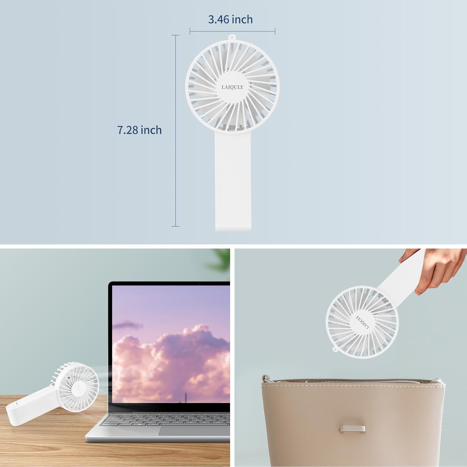 Skiennix Handheld Fan - Portable 3-Speed USB Rechargeable Mini Desk Fan for Home & Travel - White