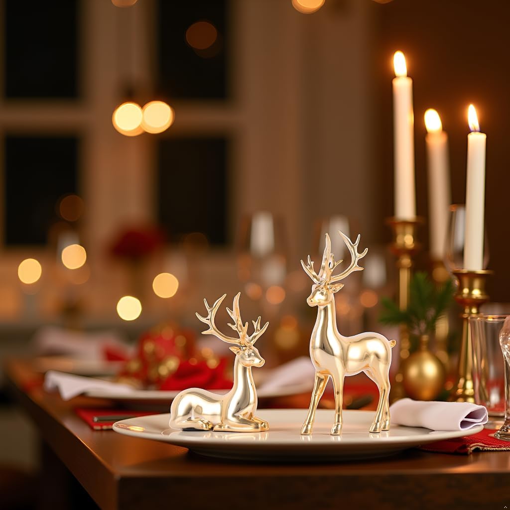 Suruim Gold Reindeer Christmas Decor Set - Elegant Deer Figurines for Table & Home Decor | 2 Pcs