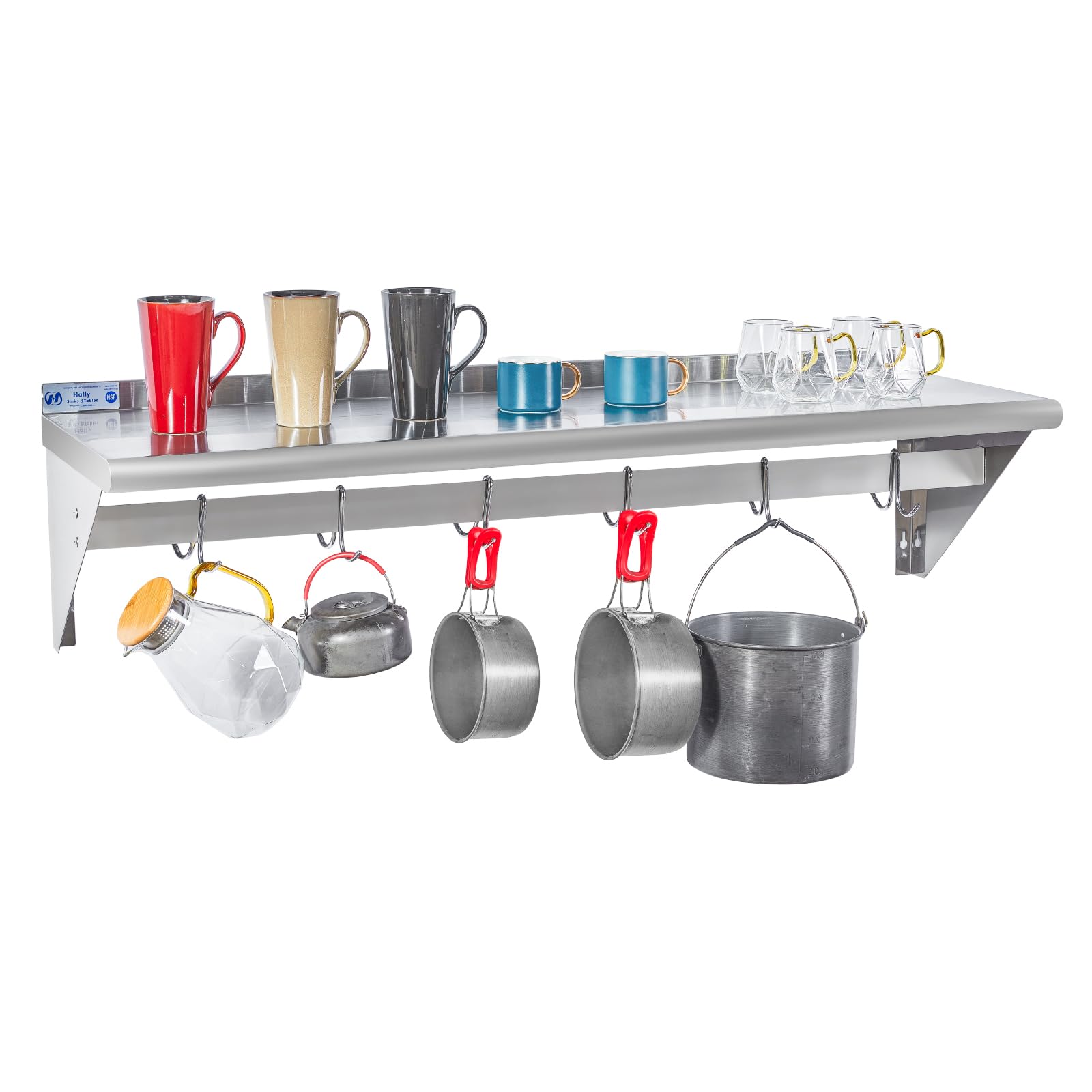 Hally Stainless Steel Shelf with 6 Hooks 14" x 48" Wall Mounted Pot Rack 350lb, NSF Commercial Floating Shelving for Storage Hanging Pots, Pans, cookware in Restaurant, Kitchen, Home and Hotel