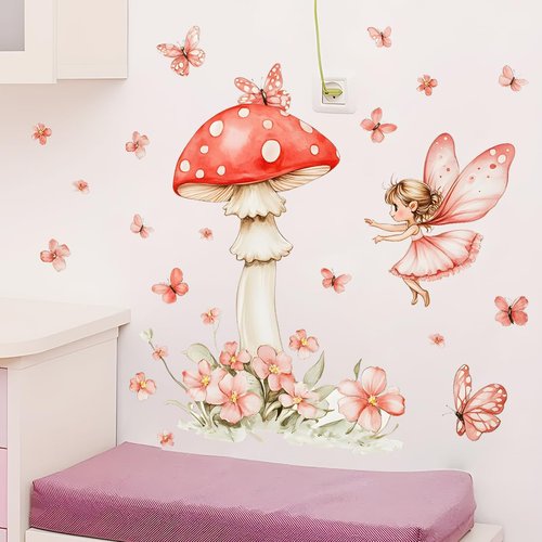 DRWSSR 2 Sheets Removable Cute Mushroom Fairy Wall Decals DIY Green Plants and Flower Wall Decals Peel and Stick Pink Butterfly Decal for Girls Home Nursery Bedroom Bathroom Decor