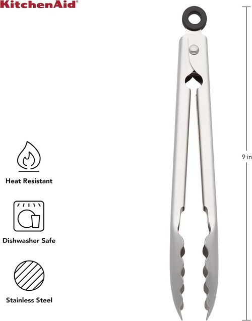 KitchenAid Stainless Steel Serving Tongs - 9 Inch with Secure Lock & Hang Hook, Durable Design