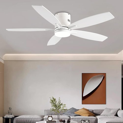 Ayaoty Ceiling Fans with Lights, 52" Low Profile Indoor Ceiling Fan with Light and Remote Control, Dimmable, Noiseless, Reversible, White Ceiling Fan for Bedroom, Indoor/Outdoor Use