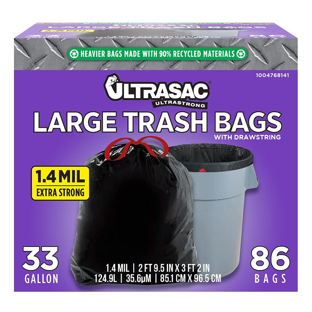 Ultrasac Heavy Duty 33 Gallon Drawstring Trash Bags - 1.4 MIL, 33.5" x 38" | 86 Count for Home & Outdoor Use