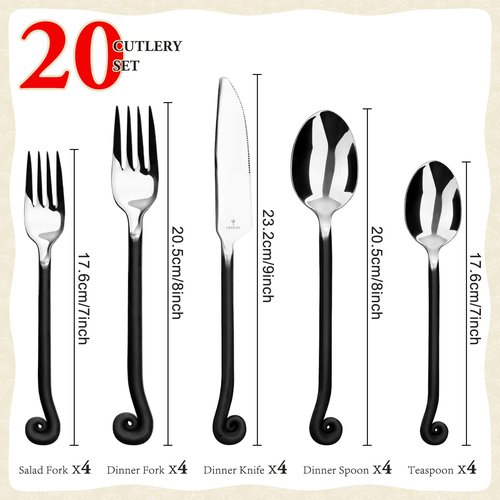 LINZOM Forged 20-Piece Matte Black Silverware Set, 18/10 Stainless Steel Flatware Service for 4, Rustic Black Flatware, Spoons Forks Set Home Kitchen Restaurant Housewarming, Dishwasher Safe