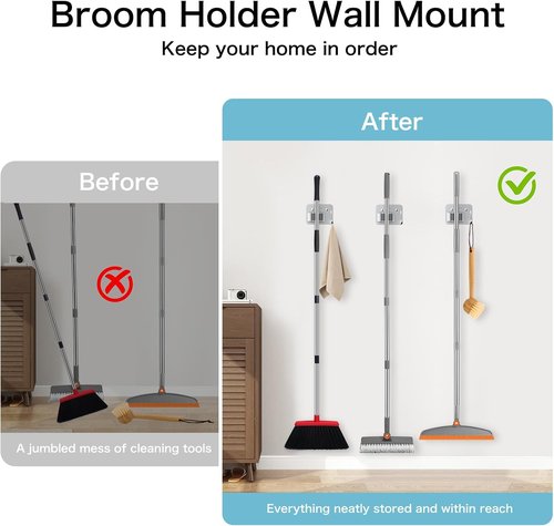Nacena Broom Holder Wall Mount - Heavy-Duty Stainless Steel Mop & Broom Organizer | 4-Pack Silver Hooks