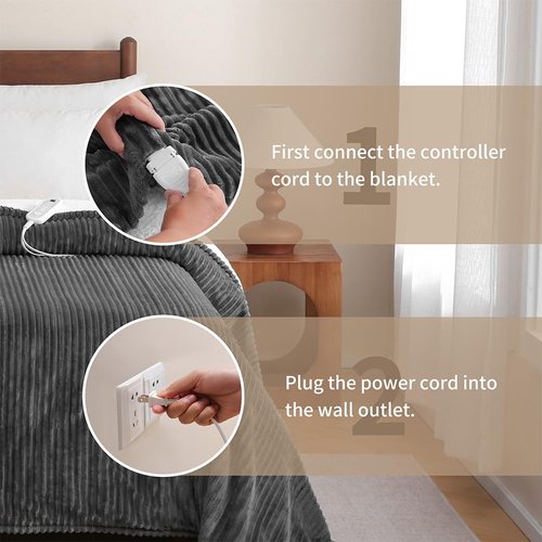 Sheet&Joy Heated Blanket Electric Grey Throw - 50"x60" Heating Blanket Throw 1/2/4/6/8 Hours Auto-Off 8 Heat Level Over-Heat Protection Ribbed Flannel Sherpa Electric ETL Certification