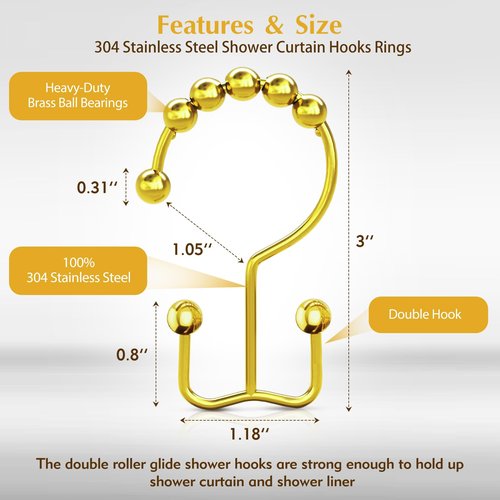 Upgraded 304 Stainless Steel Shower Curtain Hooks, 12-Pack Rust-Proof Heavy Duty Gold Shower Curtain Rings, Double Hook Glide Shower Hooks Rings, Bathroom Hardware Set