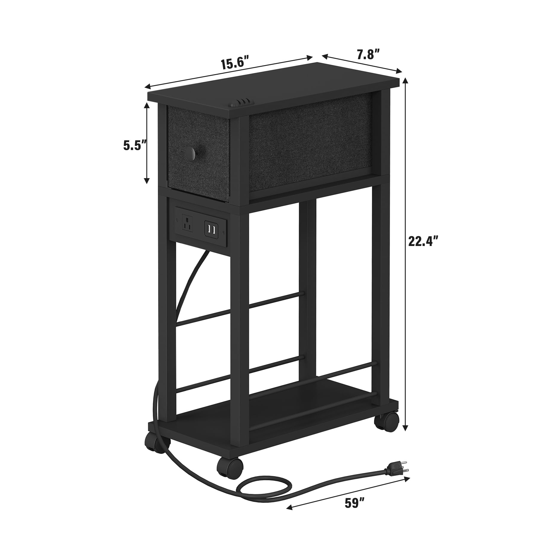 DGSANDGO 2 Pack Black Narrow End Side Table Slim Nightstand with Charging Station (2 USB + 1 AC Outlet), Fabric Drawer & Mute Wheels for Minimalist Small Spaces, Bedroom, Living Room, Office, Couch